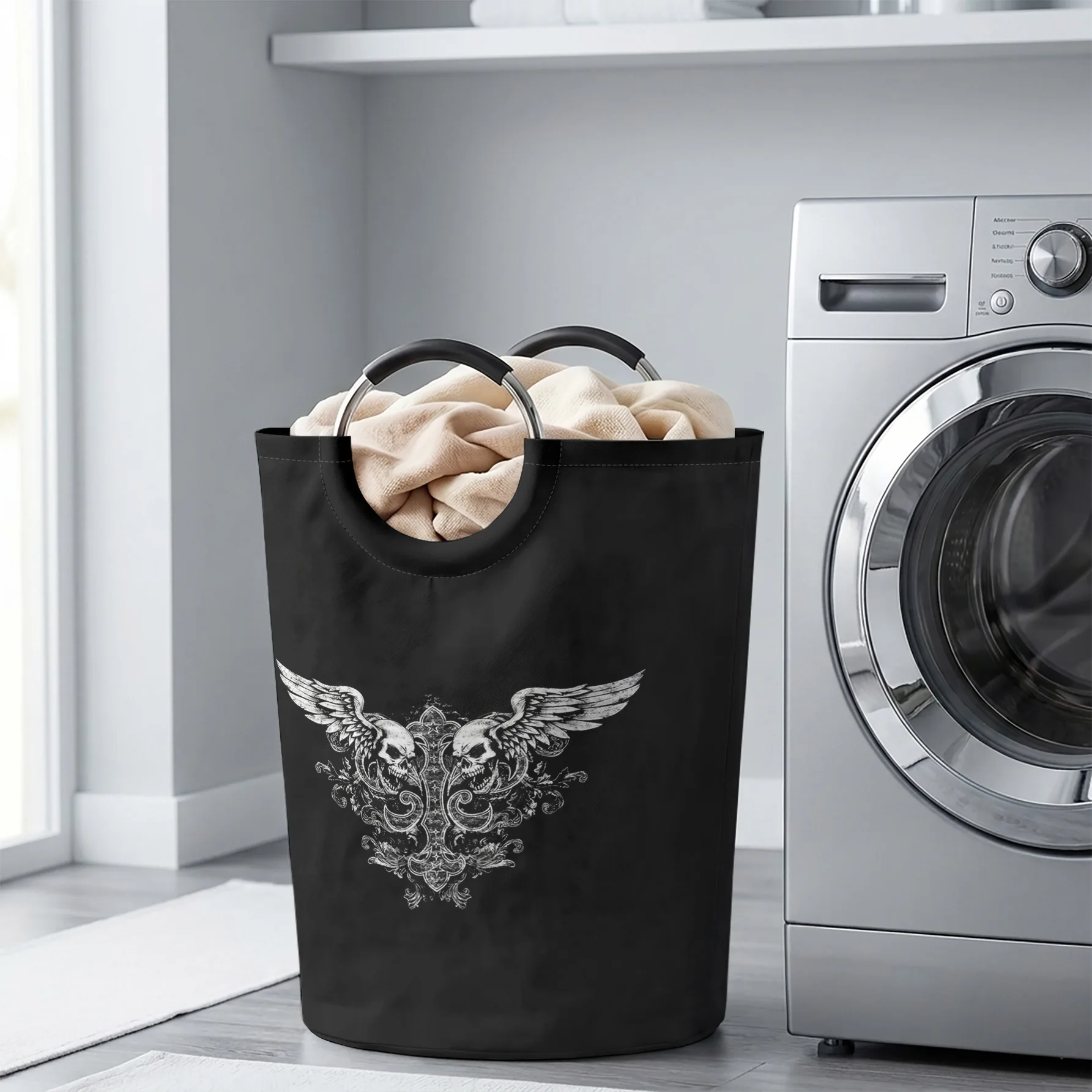 Skull Wings Retro Pattern Print Handled Storage Basket, Large Capacity Organizer, For Laundry, Bedroom & Sundries Storage