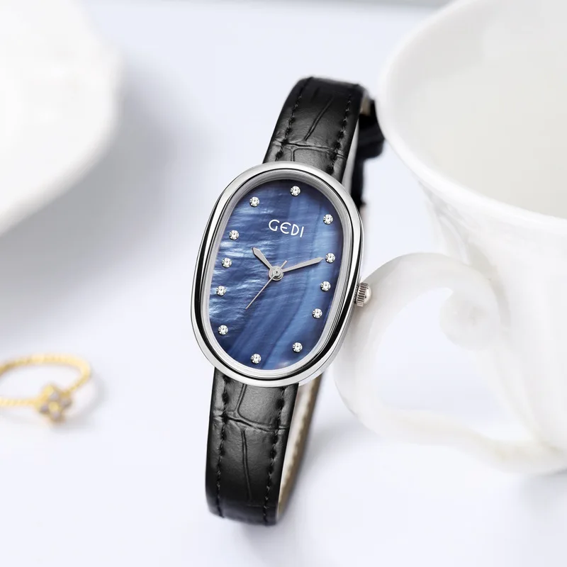 

Light luxury mother-of-pearl women's watch niche oval waterproof watch ladies litchi pattern leather belt quartz watch