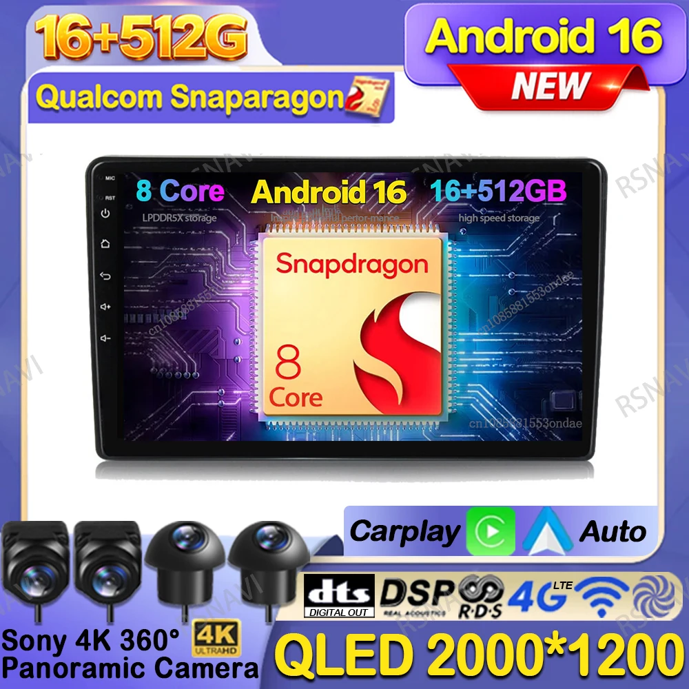 Android 16 Car Radio For Fiat Stilo 2002-2010 Navigation Viedo Player 8 Core 9/10 Inch BT Autoradio Wireless NO 2DIN RDS 4G LTE