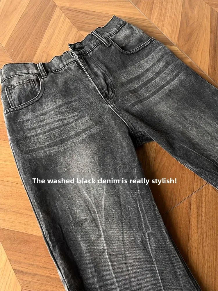 American High Street Black Lightning Pattern Men's Jeans Spring Trendy Brand Washed Vintage Knife Pants Straight Leg Flared L...