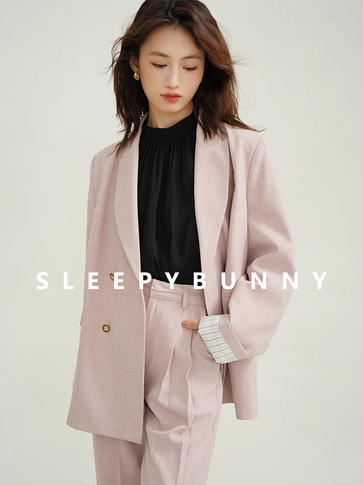 Double-Breasted Blazer and High-Waist Wide-Leg Trousers Set – Sophisticated Business Casual with Contrasting Cuff Detail