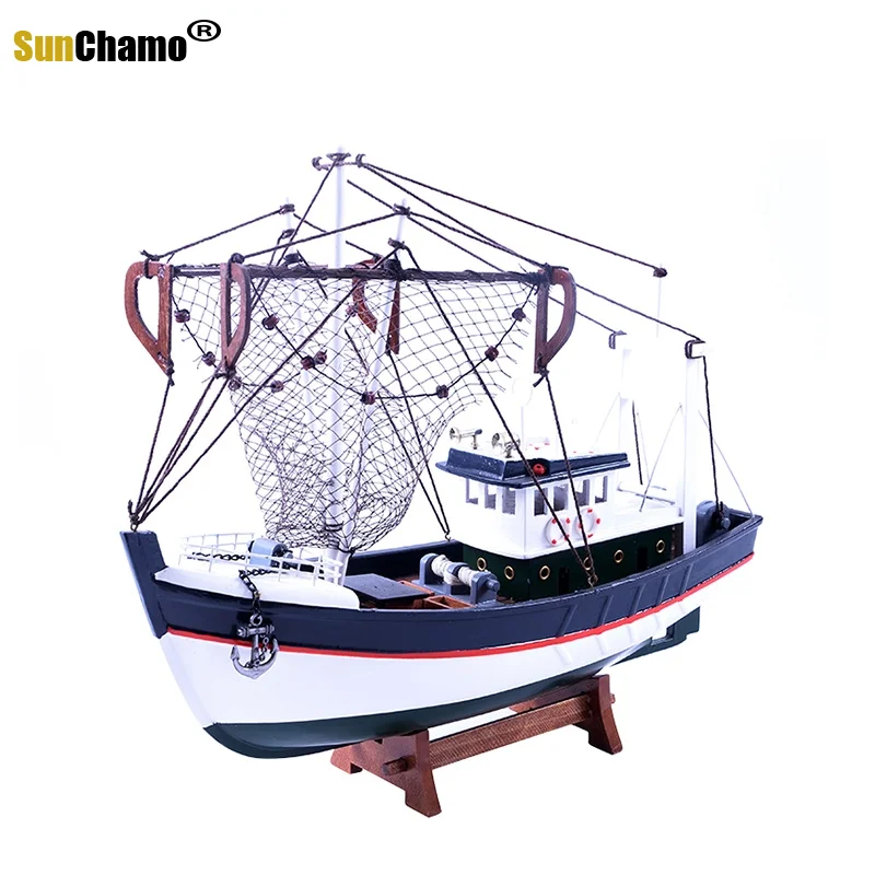 Sunchamo Mediterranean Fishing Model Simulation Ship Solid Wood Fish Home Decoration Wooden Craft Boat Living Room Decor Gifts