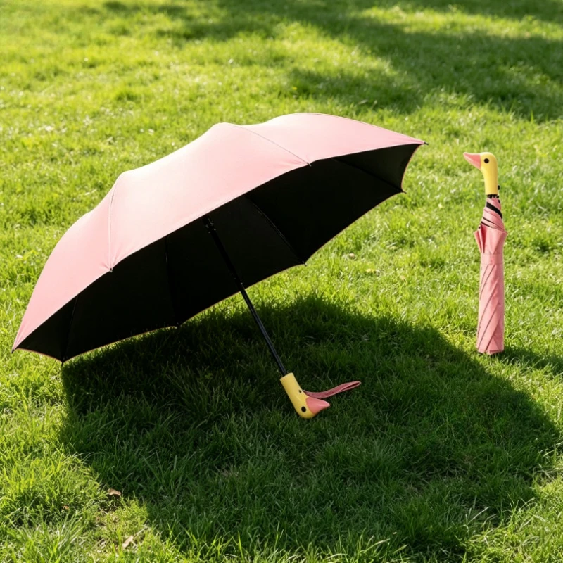 Duck Head Wooden Handle Folding Umbrella Black Coating UV Sun Rain Parasol Lightweight Compact Travel Umbrella for Women Men 우산