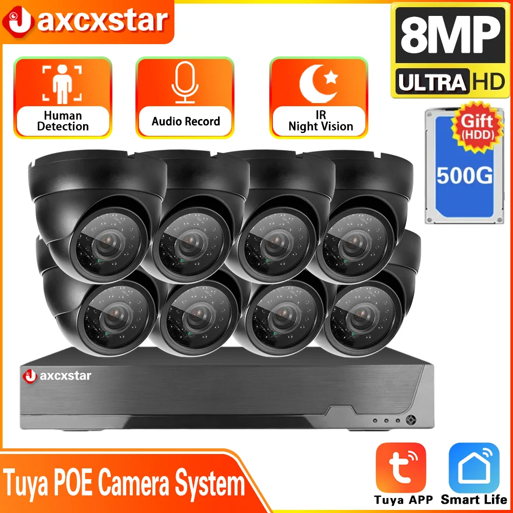 8ch 4K Tuya Poe Nvr Dome Camera 8mp/5mp Smart Life Cctv Camera Audio Record Menselijke Detectie Beveiliging Bewakingsset