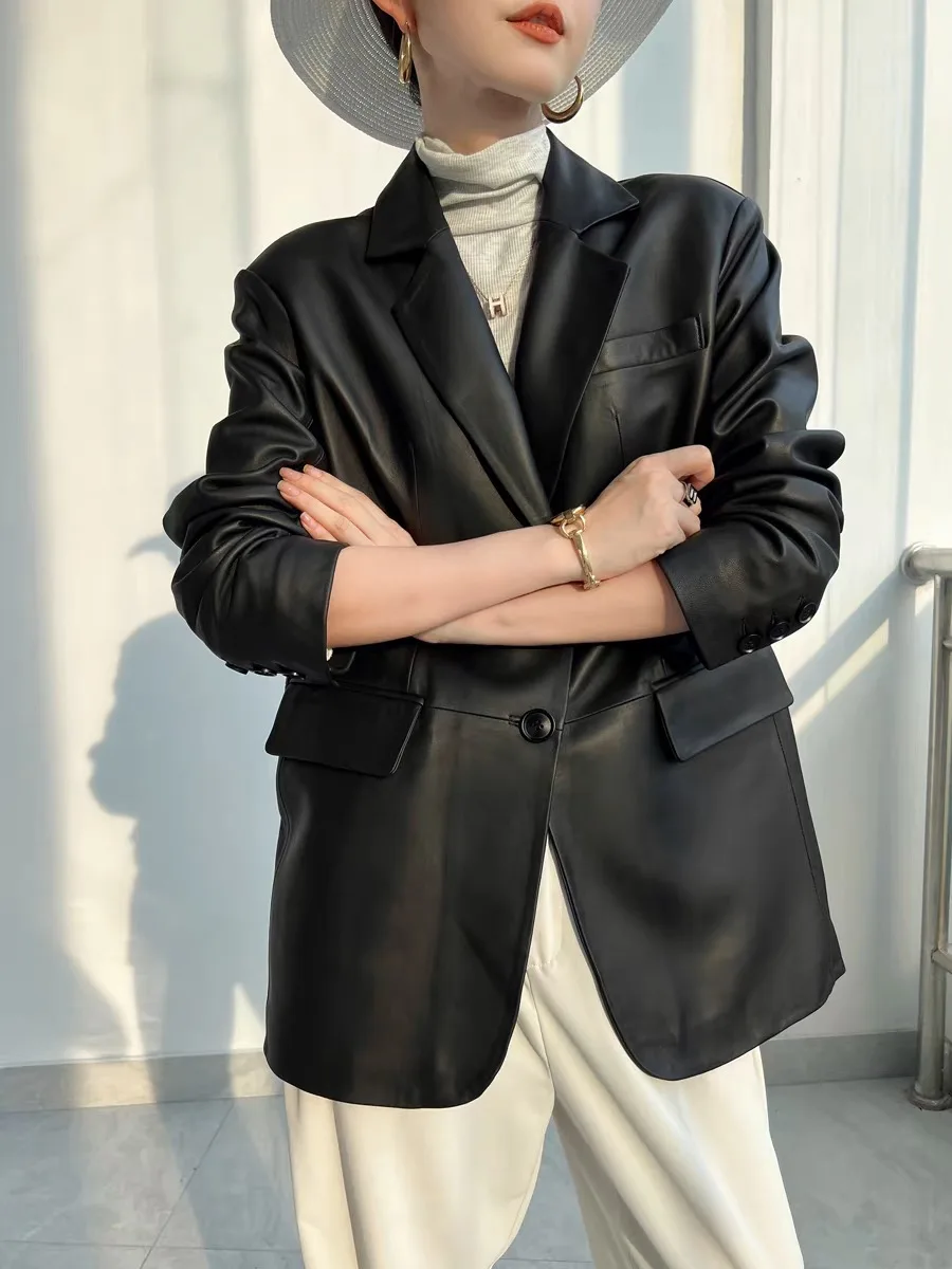 Lordly Giacca da abito in pelle di pecora di alta qualità per donna Giacca nera monopetto neutra oversize Dame Street