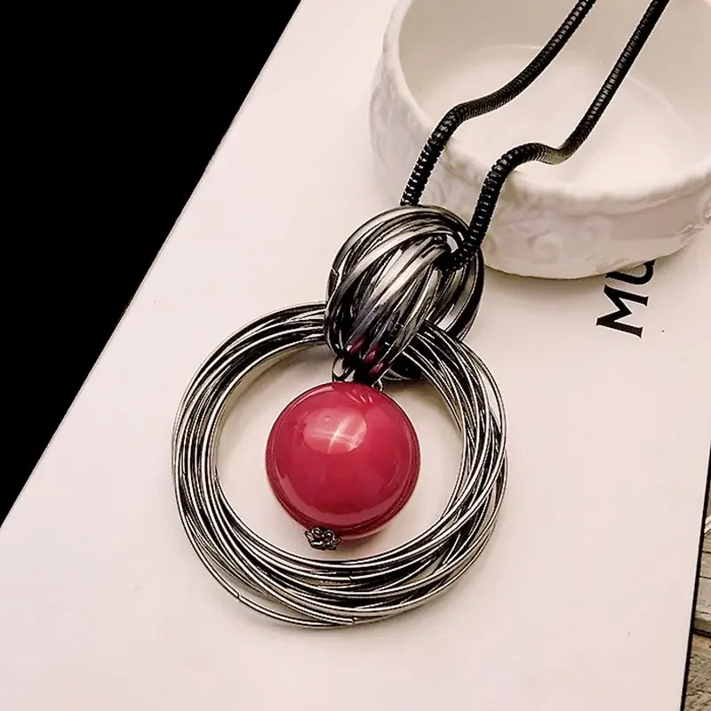 Ocean Red White Pearl Ball Pendant Long Circles Simulated Women Black Chain Necklace Fashion Jewelry Accessories
