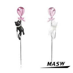 MASW Original Design Lovely Style High Quality Brass White Black Asymmetrical Cat Dangle Earrings For Women Girl Party Gift
