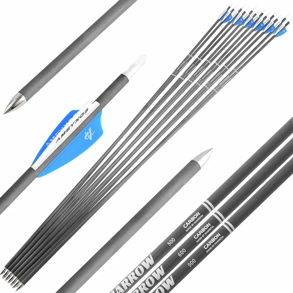 

12PCS Archery Hunting Shooting Pure Carbon Arrows Spine 500/600/900 ID4.2mm 2inch Shield Rubber Feather 31Inch Arrow Shaft
