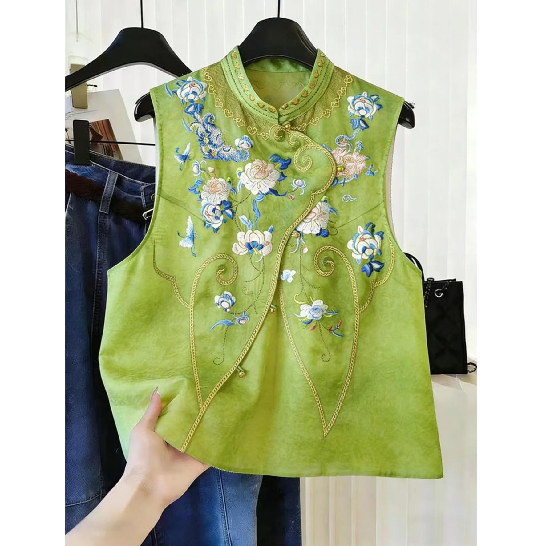 Green Embroidered Heavy Work European Satin Women's Vest Summer Super Beautiful Improved New Chinese Tang Costume Top