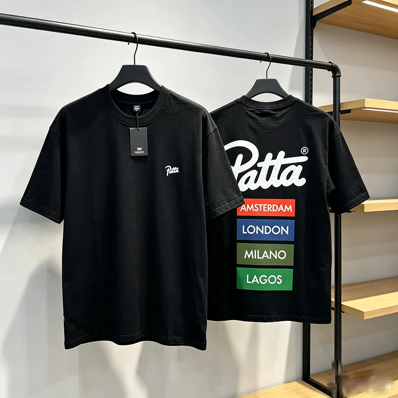 2026 New Arrival PATTA Men T-Shirt, Solid Black Minimal City Slogan Print American Street Basic Loose Short Sleeve