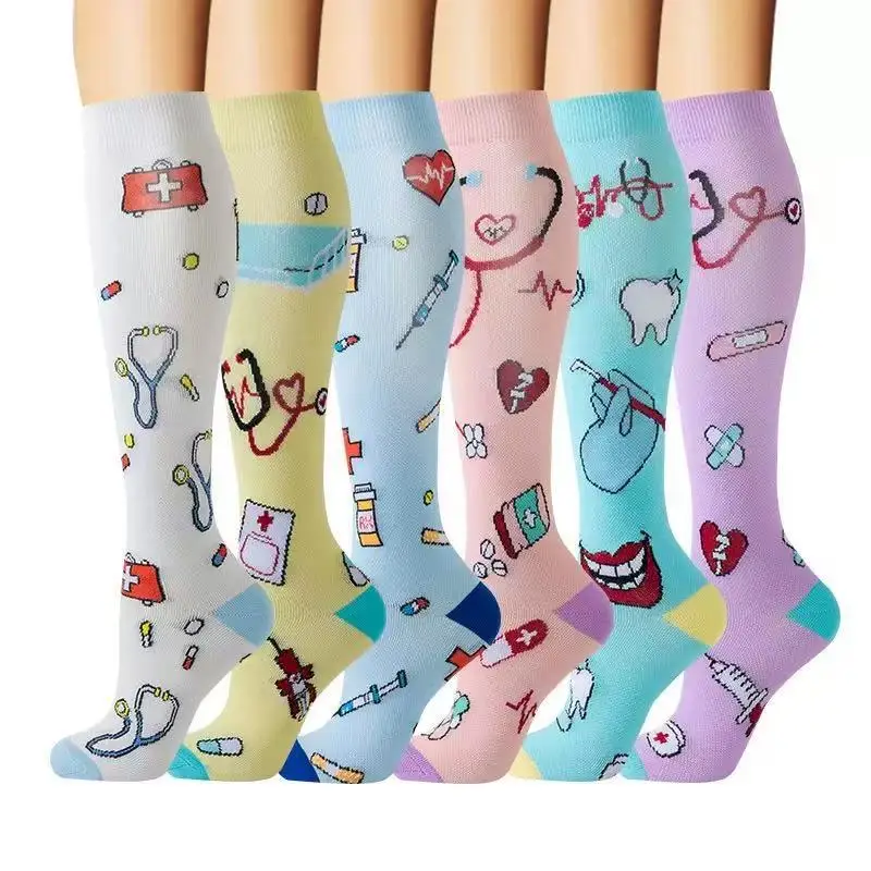 One pair of women's all-season compression calf socks, featuring a cartoon medical nurse design, soft and comfortable,