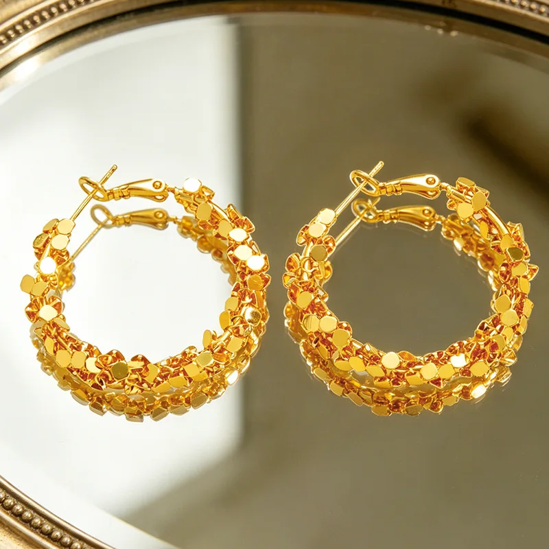 Unique Vertical Grain Small Bead Hoop Earrings For Women 24K Gold AU999 own distinctive minimalist shiny fashion charm