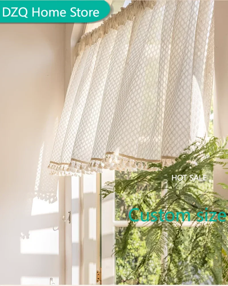 

French half curtain kitchen short curtain tassel texture aisle partition through pole style retro woven linen color door curtain