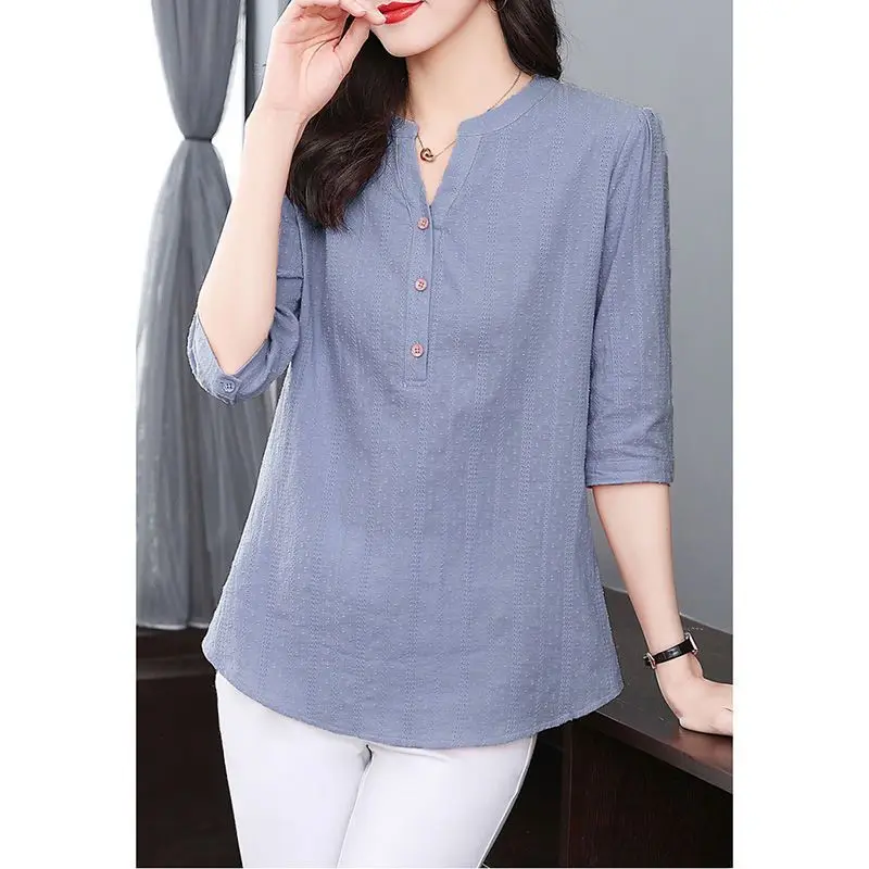 Korean Simple V Neck Half Sleeve Solid Loose Ladies Tops 2023 Summer Fashion Elegant Vintage Embroidery Shirts Blouses for Women