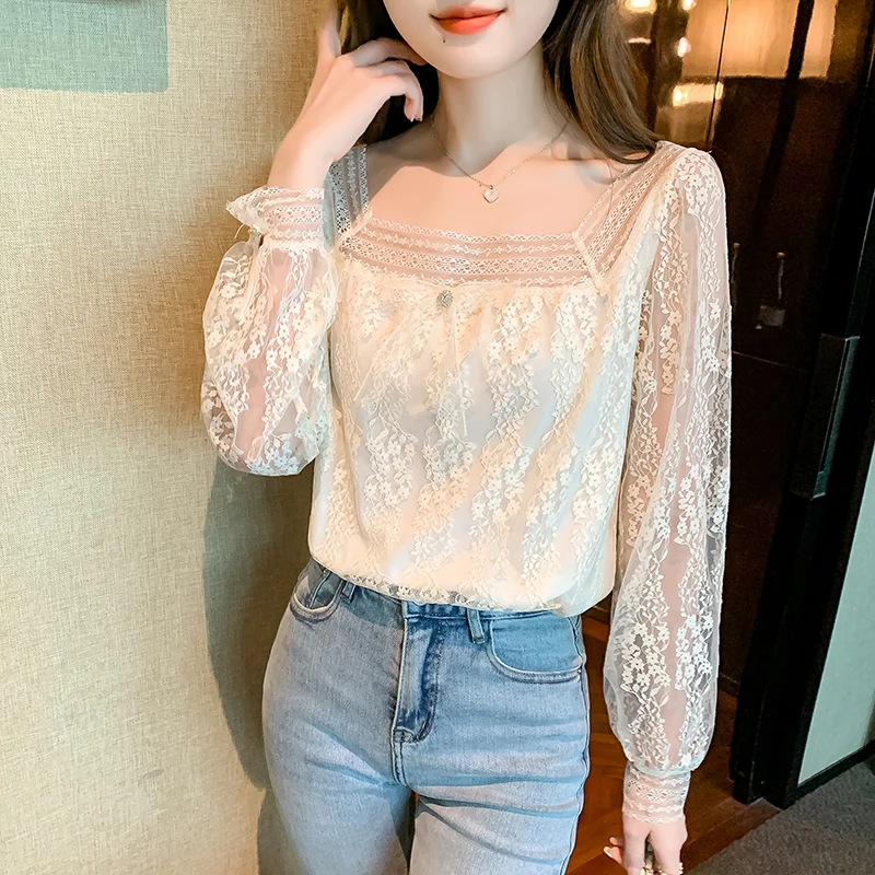 French Square Collar Lace Women's Blouse Sweet Hollow Out Mesh Long Sleeve Tops New Bow Apricot Elegant Flower Shirts Lady 20053