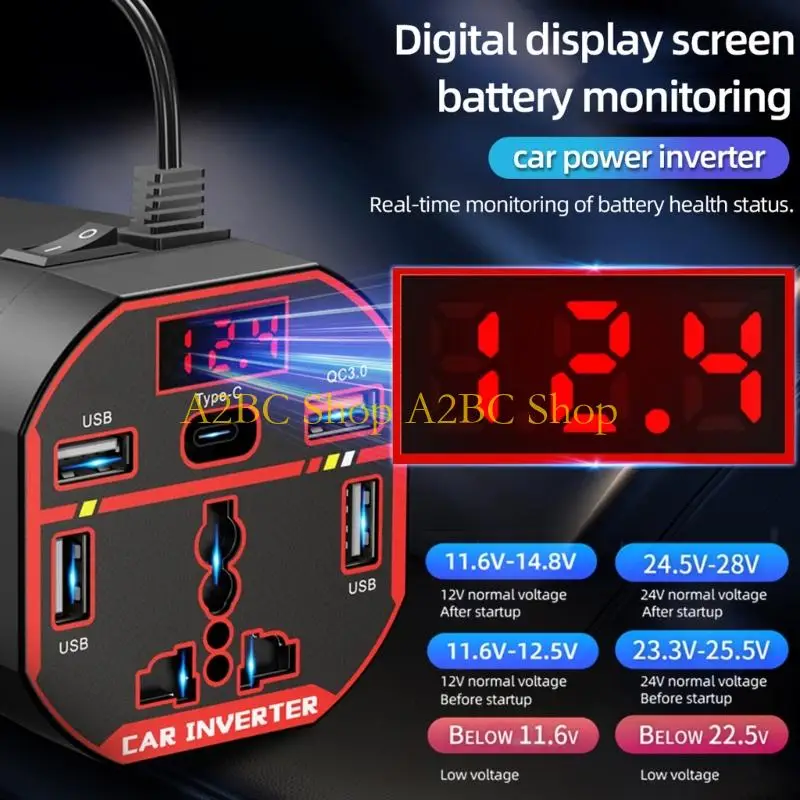 A2BC 12V 24V To 220V Car Power Inverter 200W With Type C And Two USB Ports Power Adapter For Rapid Charging