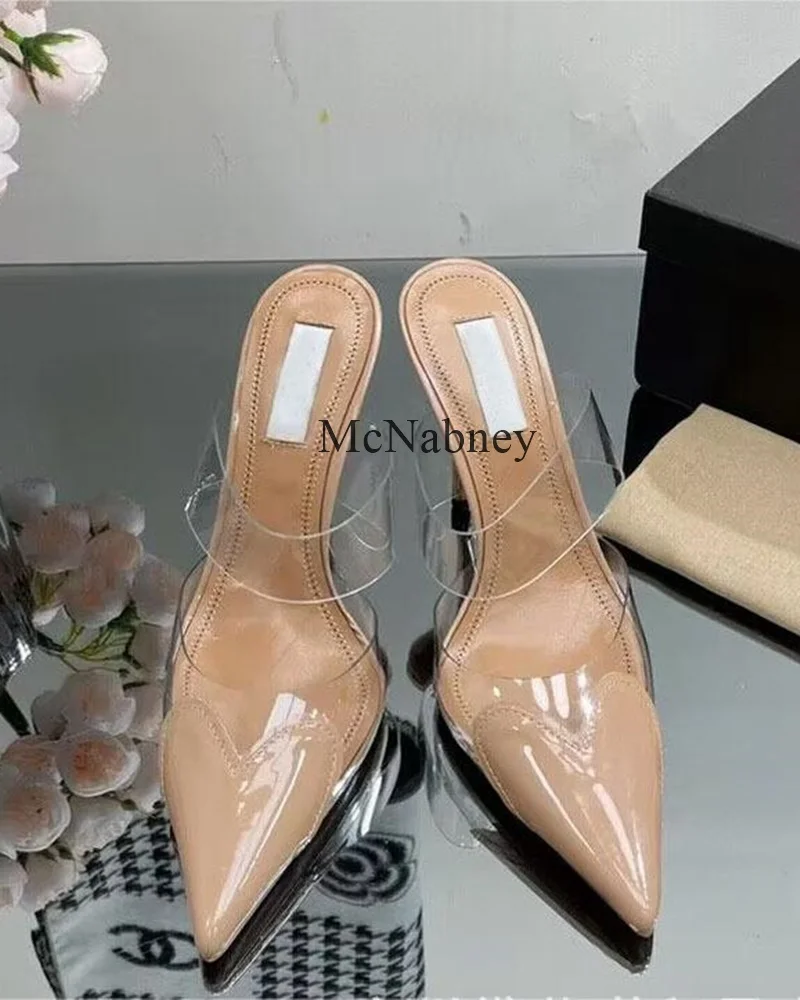 

Patent Leather Heart Shaped Pointed Toe Outdoor Women Slippers Transparent Upper Genuine Leather Inside Stiletto High Heels