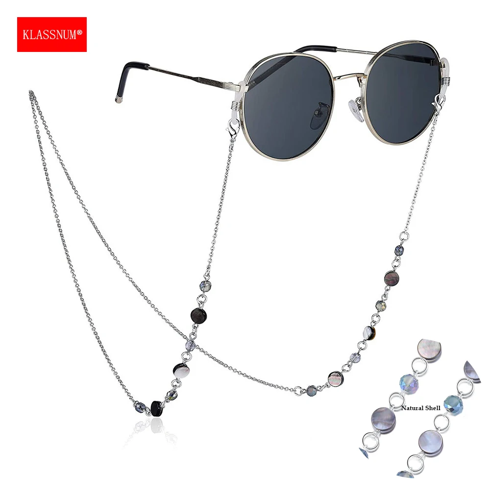 KLASSNUM Women Natural Shell Crystal Glasses Chain Stainless Steel Lanyard Gold Silver Color Sunglasses Reading Glasses Strap