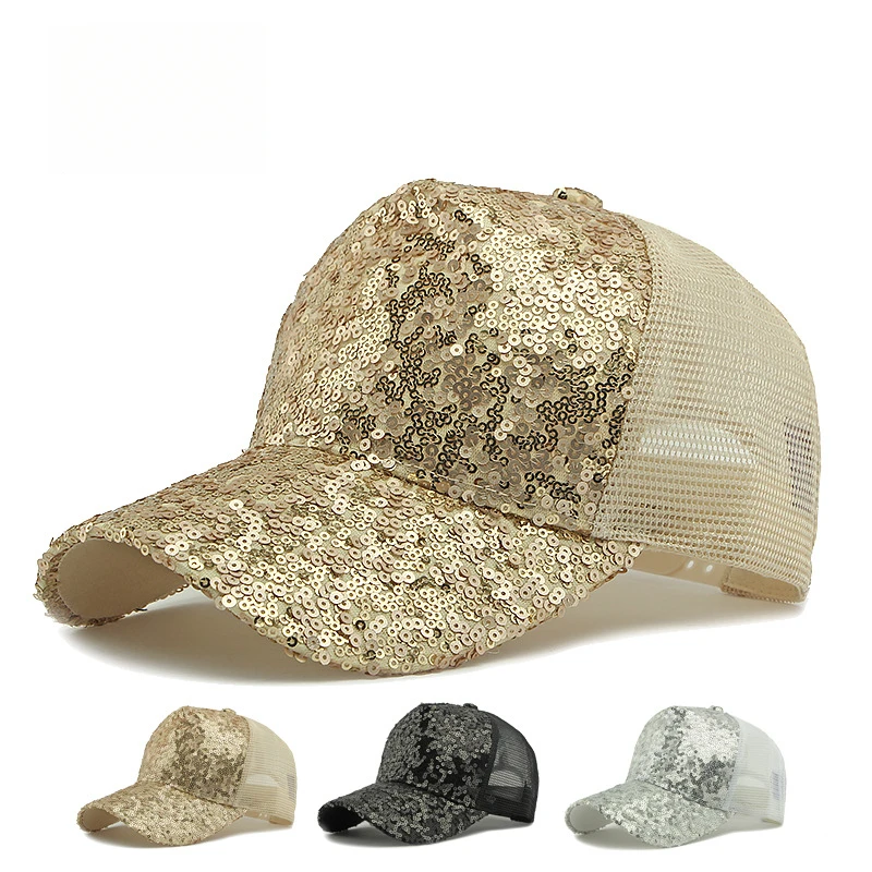 

Женская бейсболка на весну и лето, регулируемая дышащая сетка с украшением из пайеток, стильная шляпа из полиэстера, 55-60 см