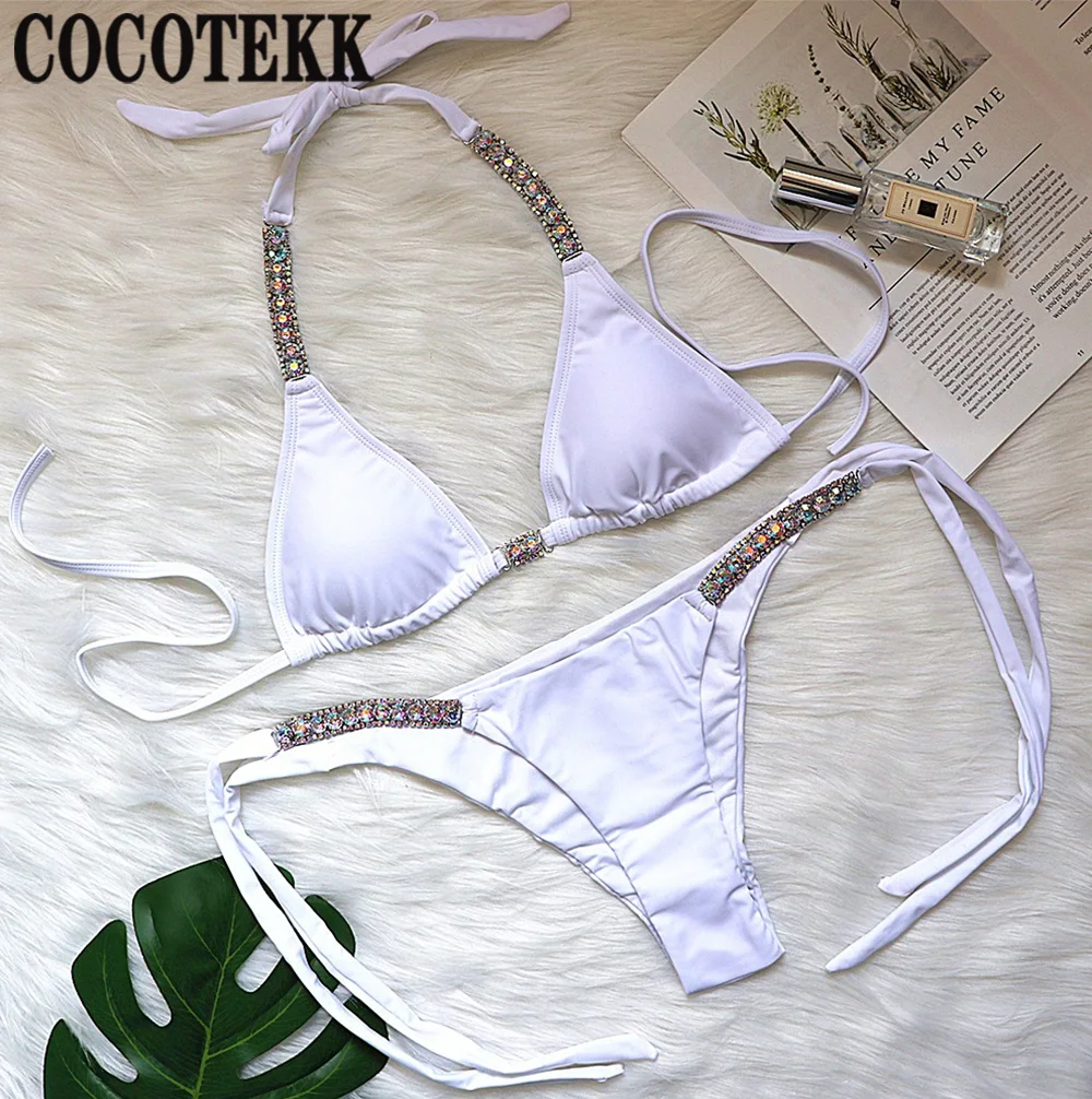 Bikini ahuecado con espalda descubierta para mujer, traje de baño Sexy de estilo vendaje con diamantes, color liso, 2023