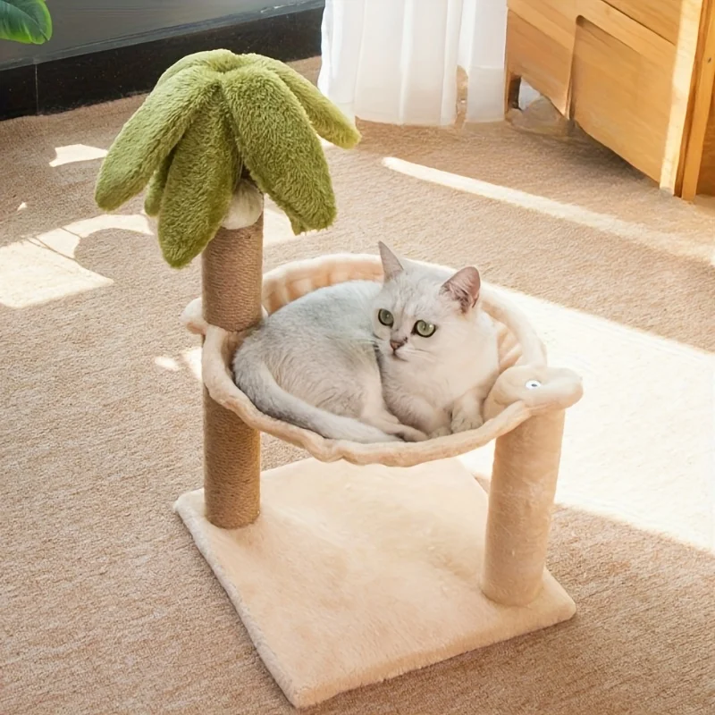 

Coconut Tree Cat Tower - 5-in-1 Hammock & Cactus House, Eco Fiberboard Scratch Board, Space-Saving Indoor Playground
