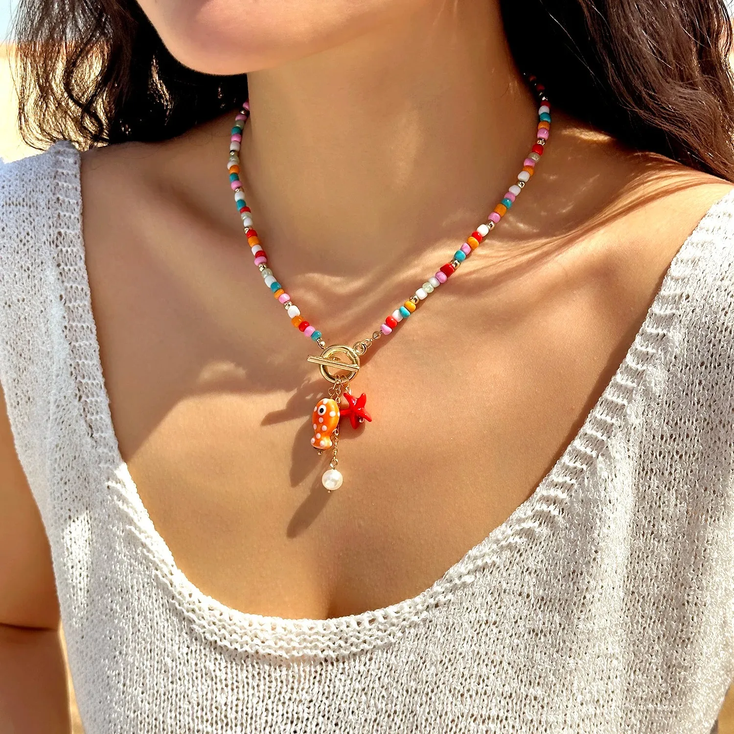 

Charm Ocean OT Buckle Bohemia Starfish Pendant Necklace for Women Handmade Rice Beads Ceramic Fish Choker Girls Party Jewelry