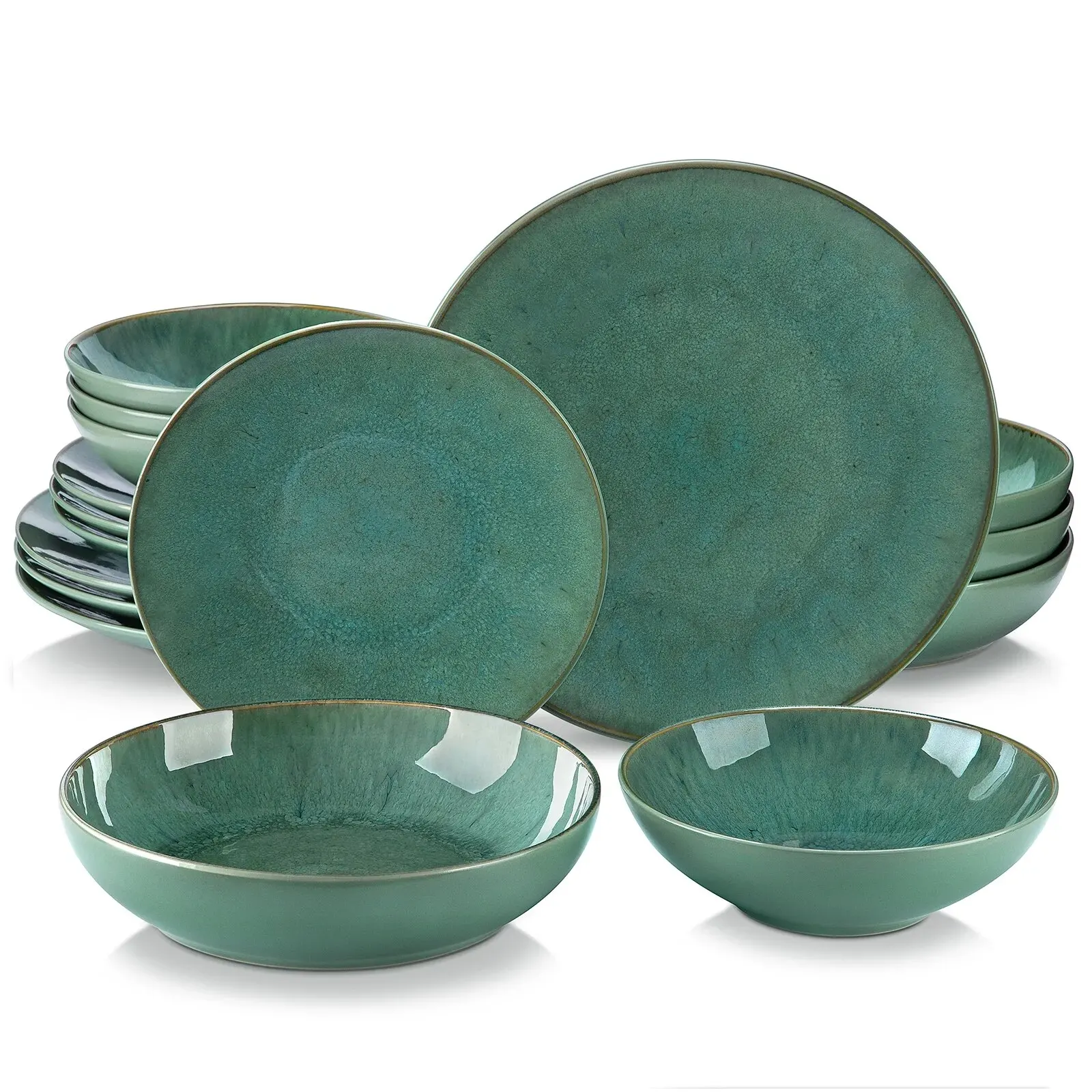 Vancasso KARST 16/32/48 Piece Green Embossed Stoneware Tableware Set with Dinner/Dessert Plate/Soup Bowl/Mug Service for 4/8/12