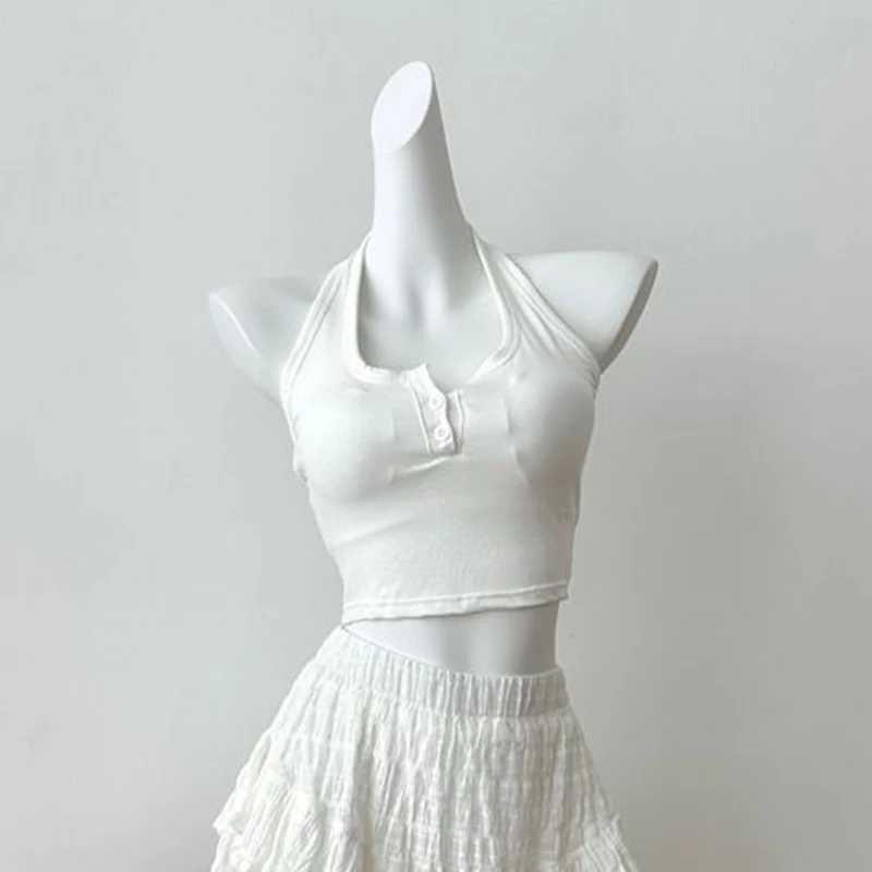 Pittige Meisjes Gebreide Halter Hemdje Vrouwen Sexy Backless Skinny Slim Crop Bottom Tops Koreaanse Eenvoudige Knop met Pad Workout Vest