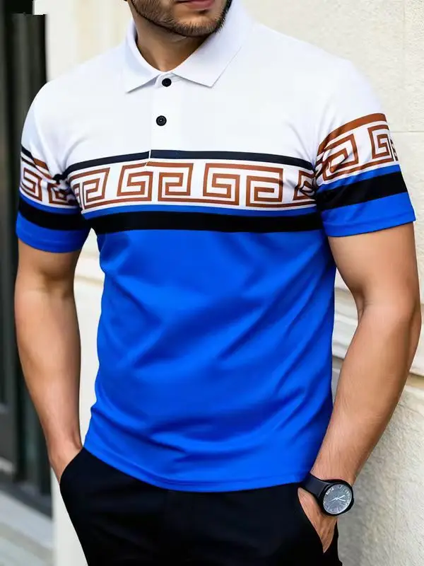 Summer New Men's Casual Polo Shirt Fashion Trend Flip Collar Button Stripe 3D Printed Retro Men's Comfortable Breathable T-shirt