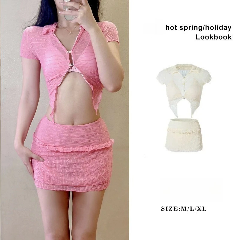 

New Swimsuit Women's Sexy Hot Girls Bikini Cover Belly and Thin Blouse Short Skirt Four-piece Set Seaside Vacation Hot Spring