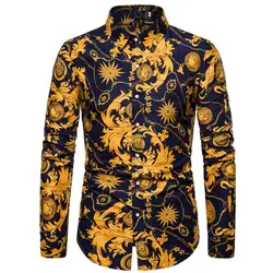 Fashionable Men's Shirt Lapel Buttons Gold Pattern 3D Printed Casual Long Sleeve Shirt Fashionable Men's Shirt