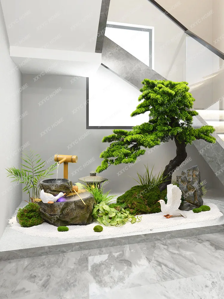 Indoor Stairs Landscape Water Landscape Furnishing Articles Circulating Water Simulation Green Plant Company Corner