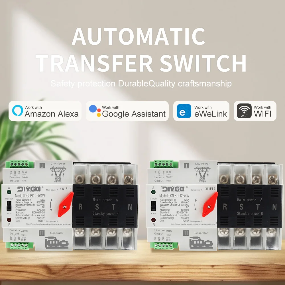 4P Smart ATS Dual Power Automatic Transfer Switch WIFI Remote Control Uninterrupted Power Electrical Selector eWelink App 125A