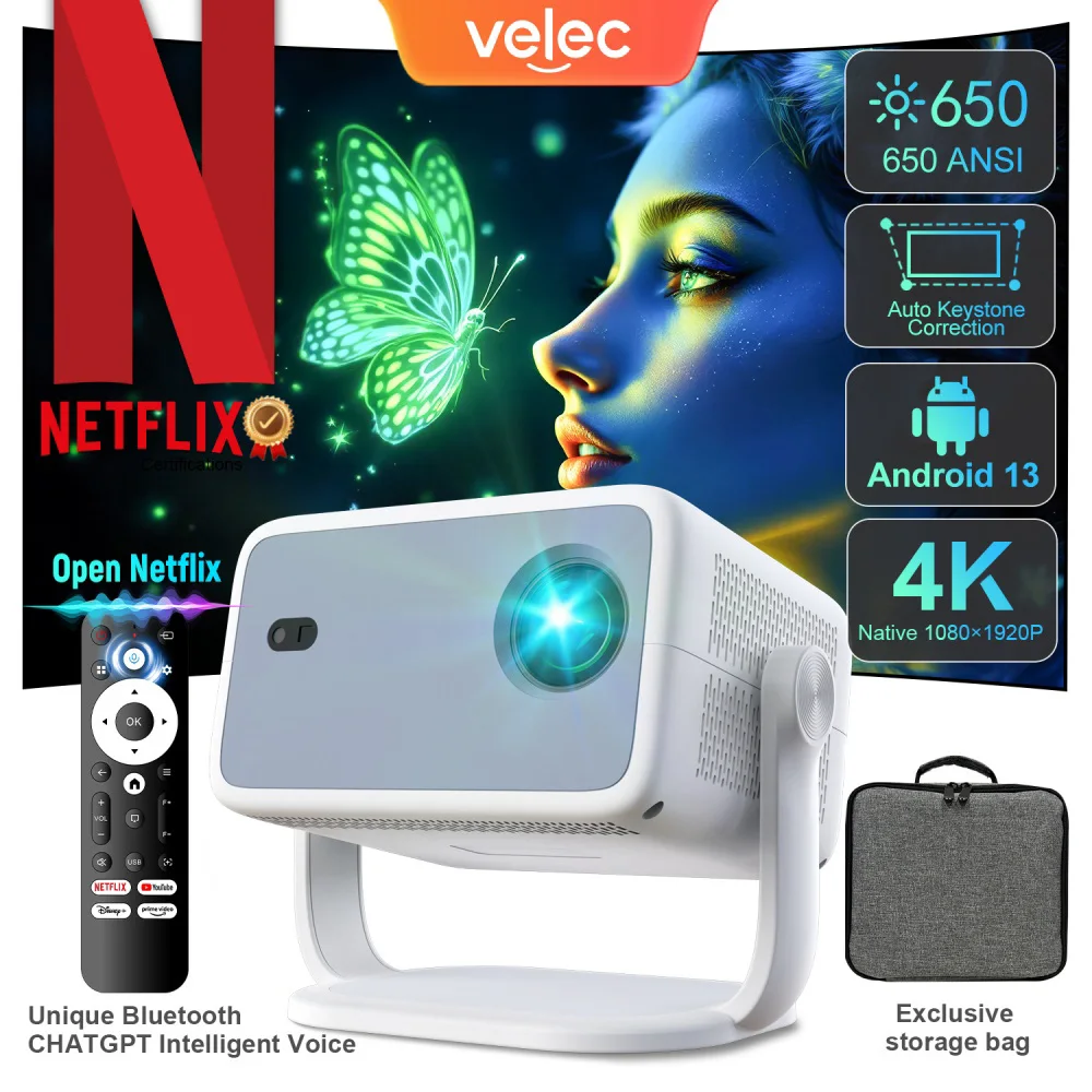 

Velec Projector Android 13 Native 1080P 650ANSI Amlogic T950D4 Wifi6 BT5.2 Netflix Certification 4K Portable Outdoor Projector