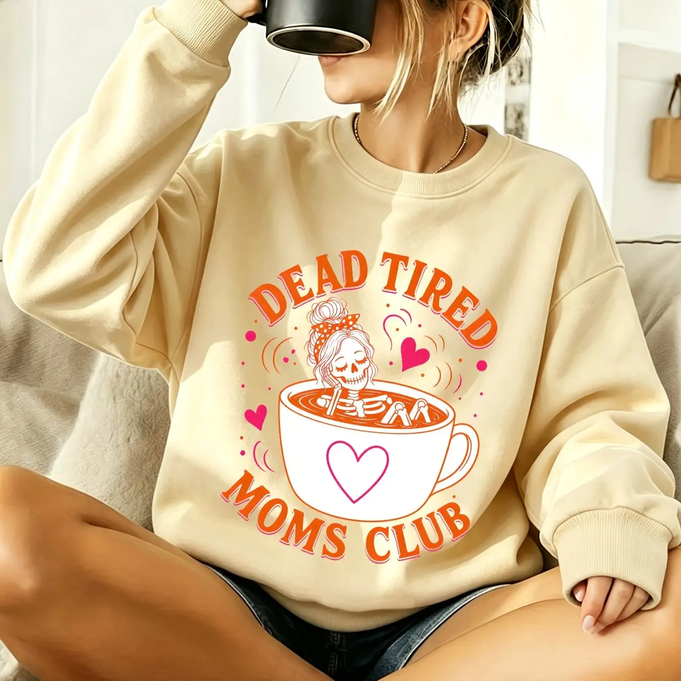 Skeleton Mom Coffee Cup Pattern Print, Women's Autumn/Winter Loose Round Neck Hoodie Casual Sports Sweatshirt