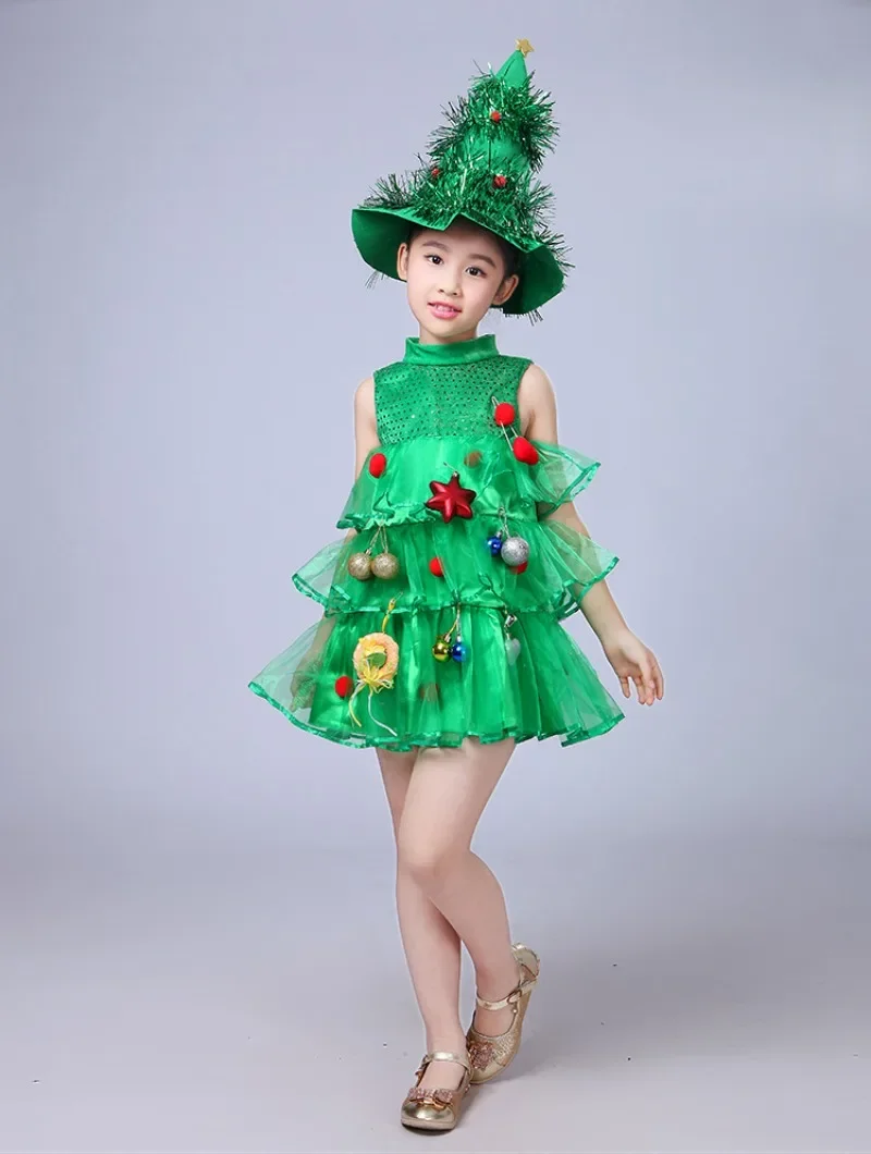 Mulheres meninas crianças crianças verde árvore de natal traje cosplay adereços chapéu elf vestidos extravagantes