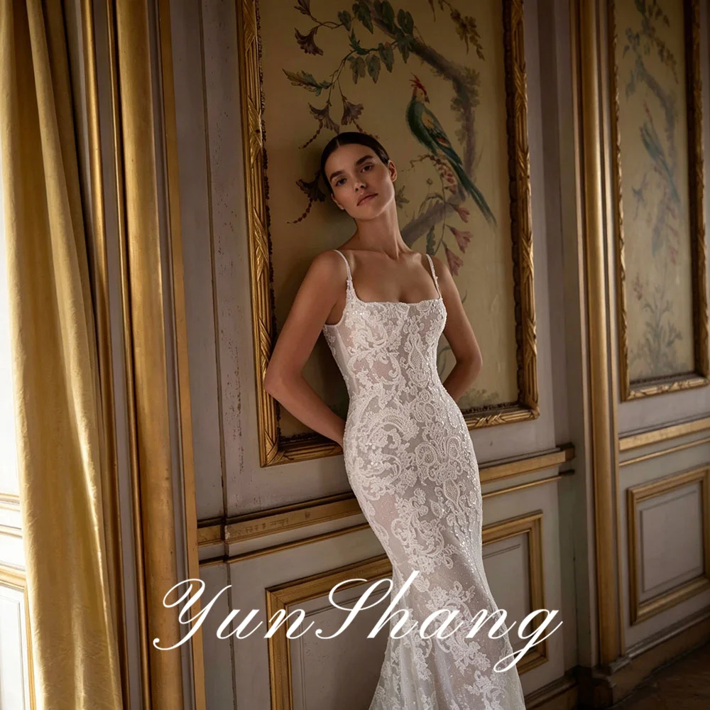 Yunshang Customized Lace Mermaid Elegant Wedding Dresses Square Spaghetti Straps Sleeveless Sequins Backless Train Bridal Gowns