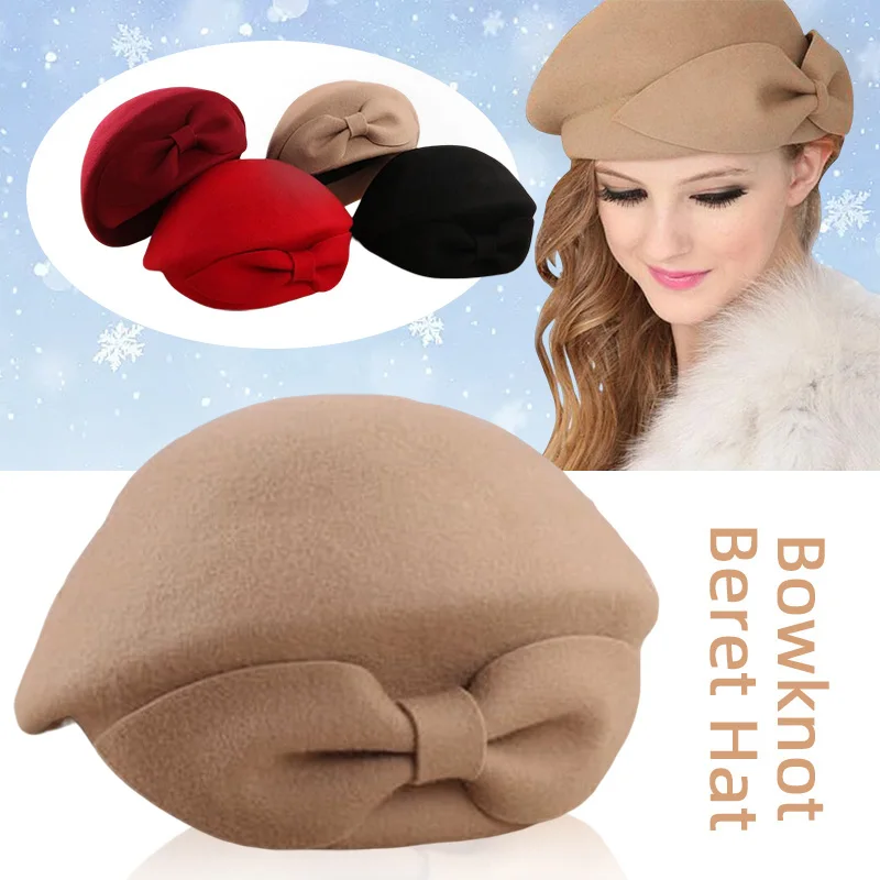 

New Women's Peach Heart Bowknot Beret Fedoras Felt Hat Autumn And Winter Fashion Korean Woollen Fabric Retro Painter's Dome Hat