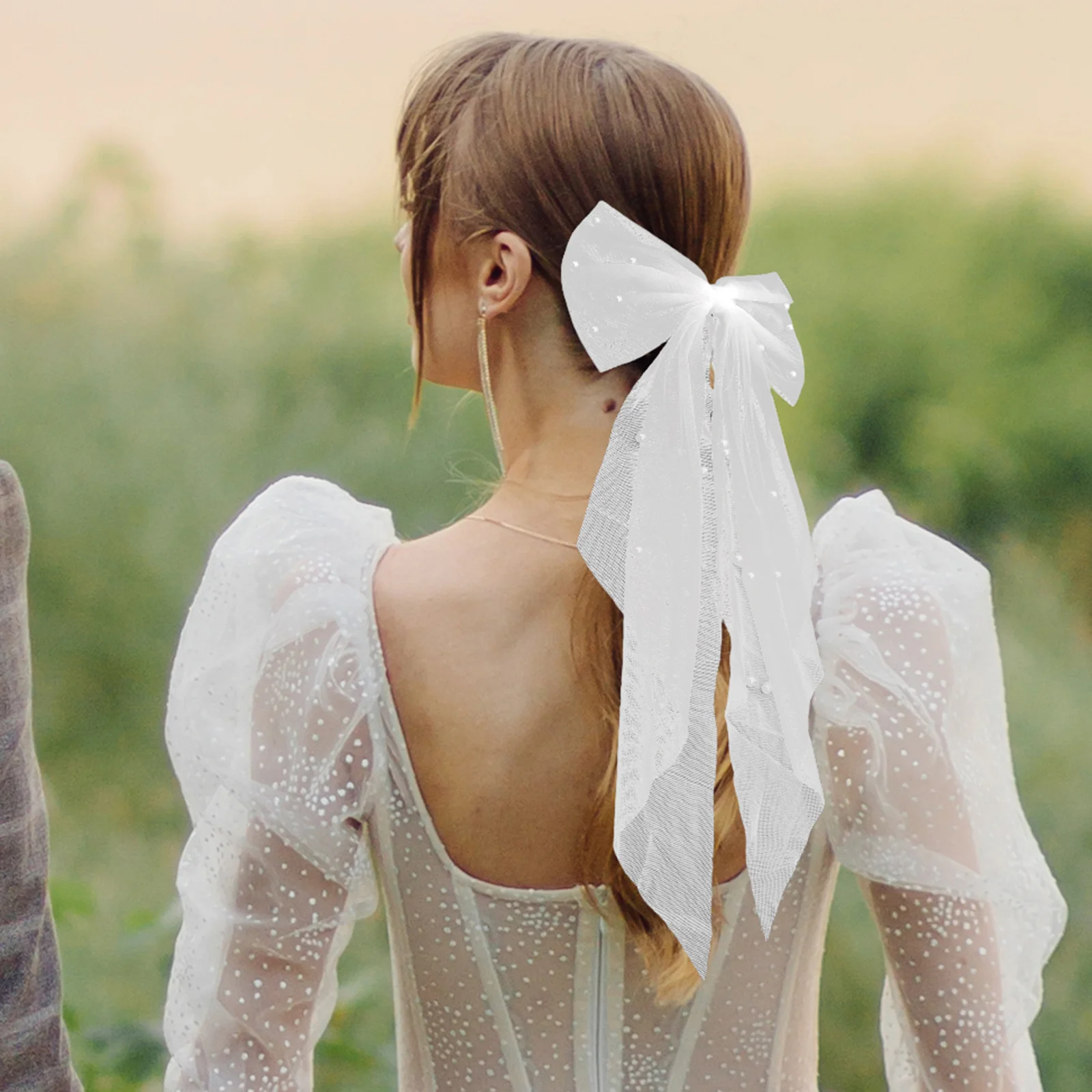 

Elegant Bridal Hair Clip Tulle Bow Artificial Pearl Wedding Accessory Lightweight Comfort Ideal for Beach Garden Brides