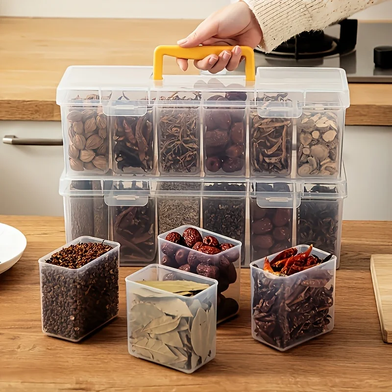 7-Piece Lidded Sealed Spice Container Set (1L+6S) - PP Food-Safe, Removable Divided Jars for Spices, Herbs & Kitchen Organizing