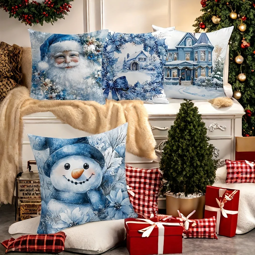 Festive Blue Christmas Print Throw Pillow Cover Home Decor Pillow Cover Bedroom Living Room Decor Polyester Cushion Cover