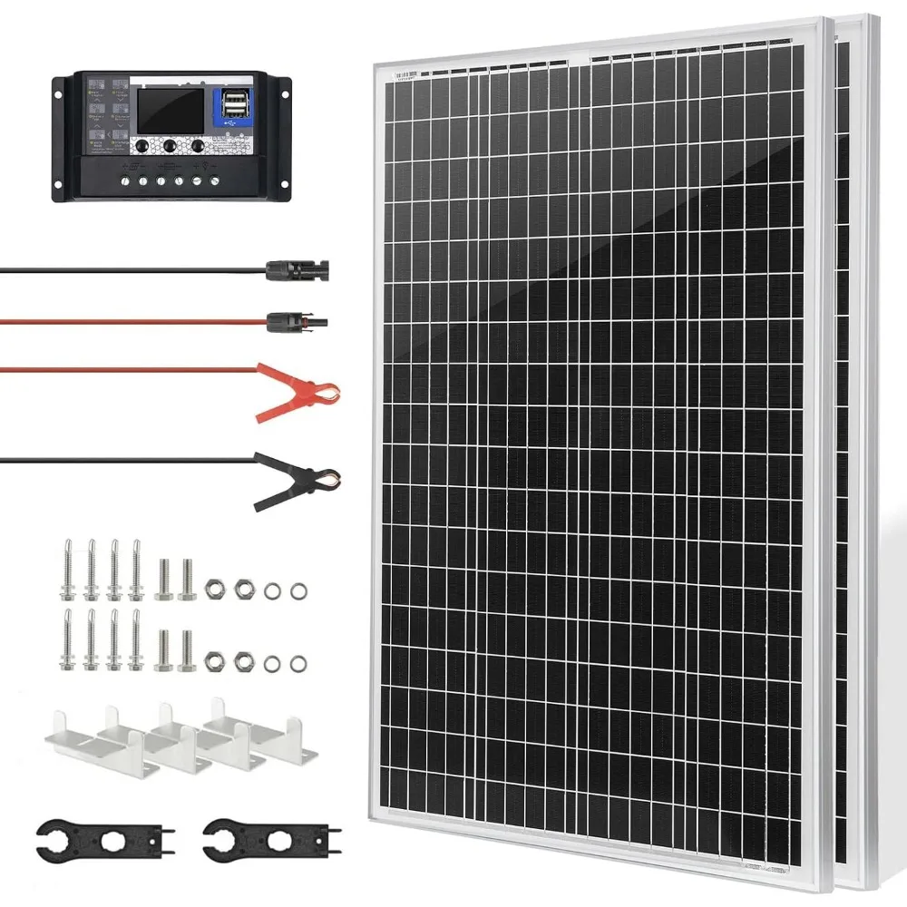 2 Pcs 100 Watt 12 Volt Monocrystalline Solar Panels Kit, with 30A 12V/24V PWM Charge Controller for Outdoor RV Boat