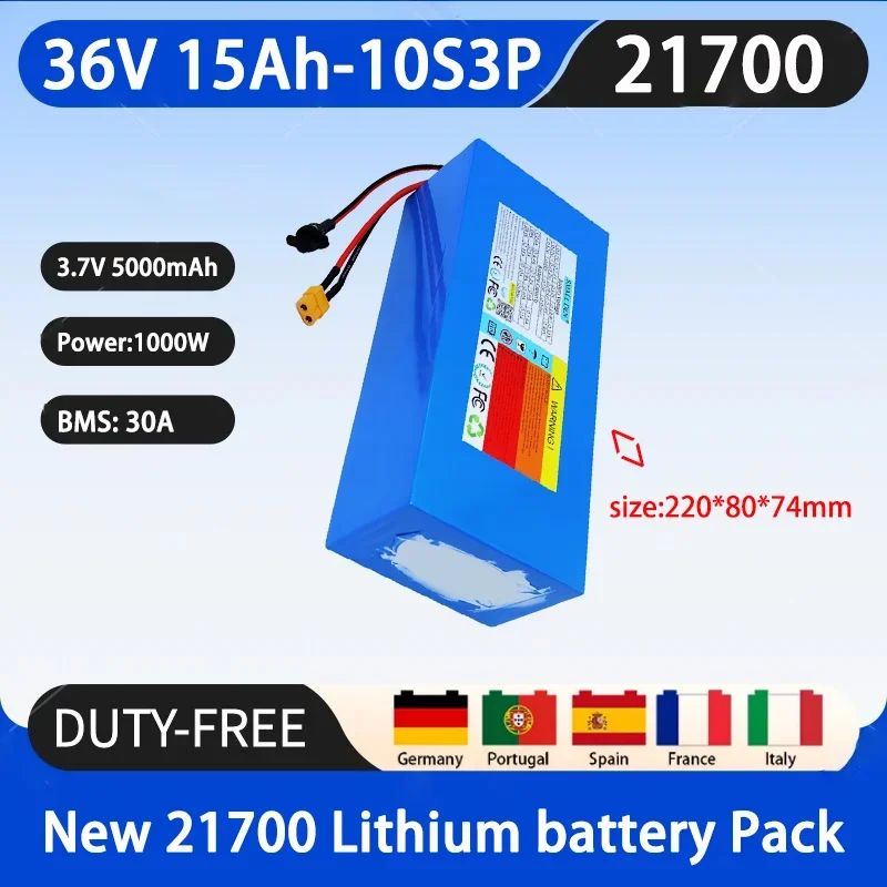 New 36V 15Ah 21700 10S3P Lithium ion Battery Pack 1000W Power Tool Battery Outdoor Backup Battery with 30A BMS+42V 2A Charger