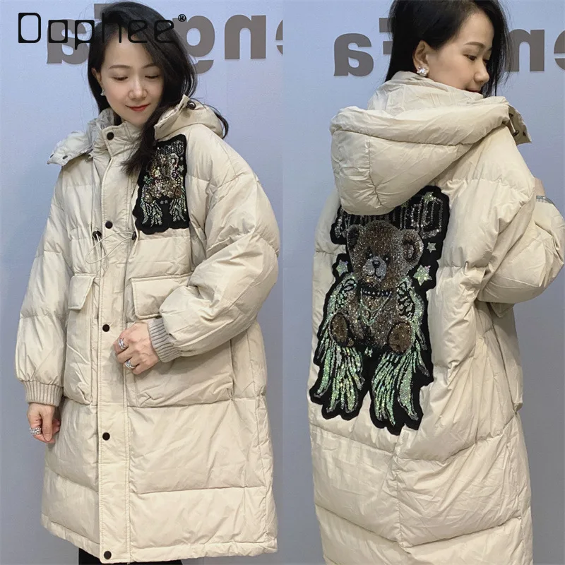 Loose Black Down Jacket Women's Hot Diamond Bear Long White Duck Down Hooded Winter Fashion Cartoon Coat Tide Jacket