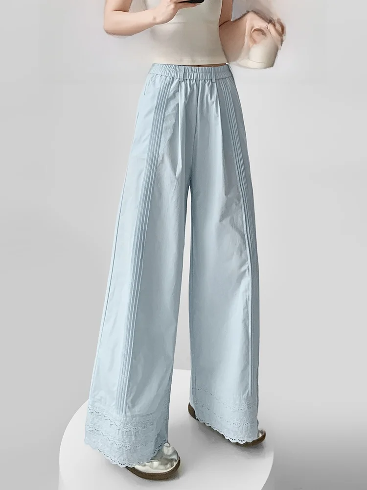 Pantaloni lunghi floreali dimagranti a vita alta casual da donna con patchwork di pizzo originale da tè primaverile estivo