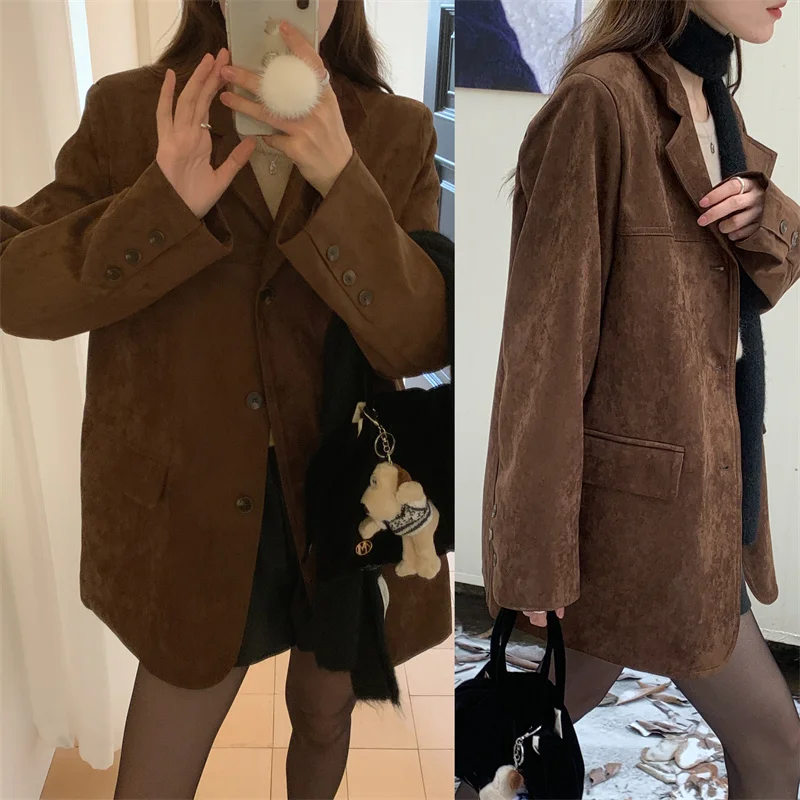 Autumn and Winter Korean Sle French sle Retro Maillard Color Series Deerskin Velvet Loose  Outerwear Women