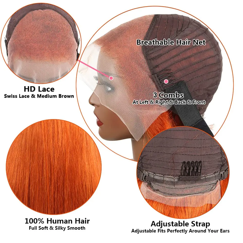 VideoOrange-Perruque Bob Lace Front Brésilienne Naturelle, Cheveux Humains, 13 Tages, Pre-Plucked, Transparent, #350, pour Femme