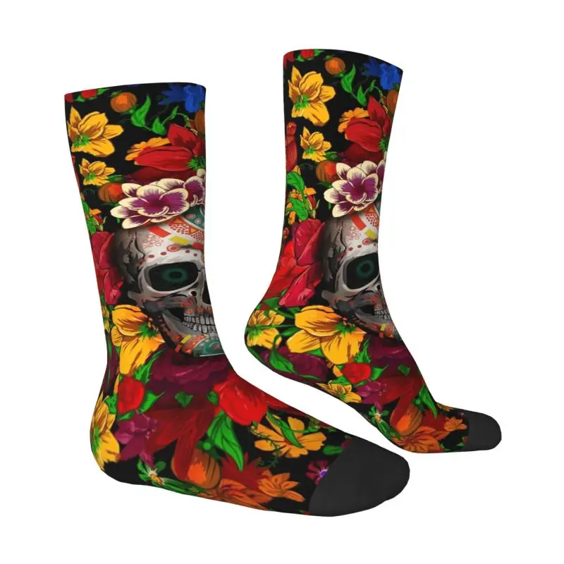 Day Of The Dead Sugar Skull With Flower Mens Crew Socks Unisex Funny 3D Print Mexican Floral Dress Socks