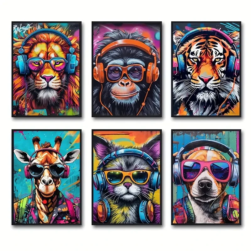 Afbeelding 4: 6 stks/set Modieuze Retro Graffiti Dier Canvas Leeuw Tijger Hond Gorilla Giraffe Game Room Home Decoratie Poster Dier Thema