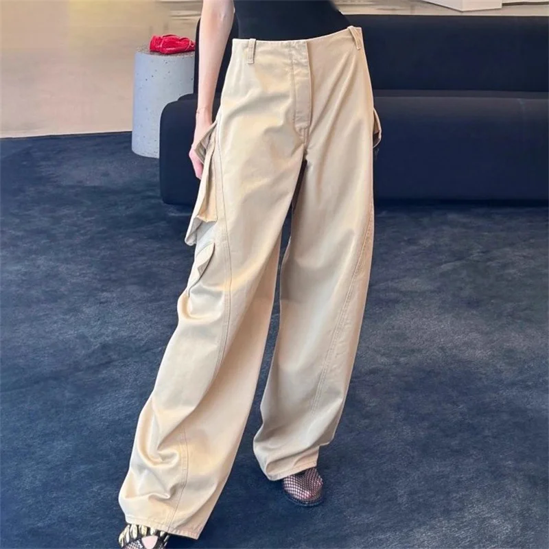 여성용 바지 2025년 가을 신상 로우라이즈 슬림핏 스트레이트 팬츠 고품질 순면 카고 팬츠 비대칭 바지